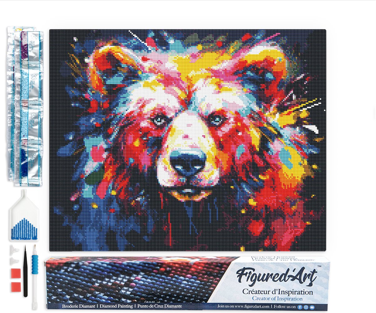 FiguredArt Diamond Painting set Volwassenen 40x50 cm Kleurrijke Abstracte Beer - 5D DIY Art full drill vierkante diamant - Opgerold canvas